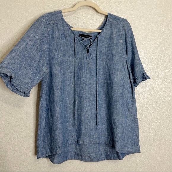 Sanctuary 100% Linen Chambray Lace Up Ruffled Sleeves Top, Sz Large - Picture 2 of 12
